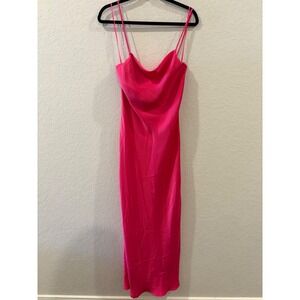 Zara Womens Hot Pink Satin Cowl Neck Strappy Lace Up Back Maxi Slip Dress XS